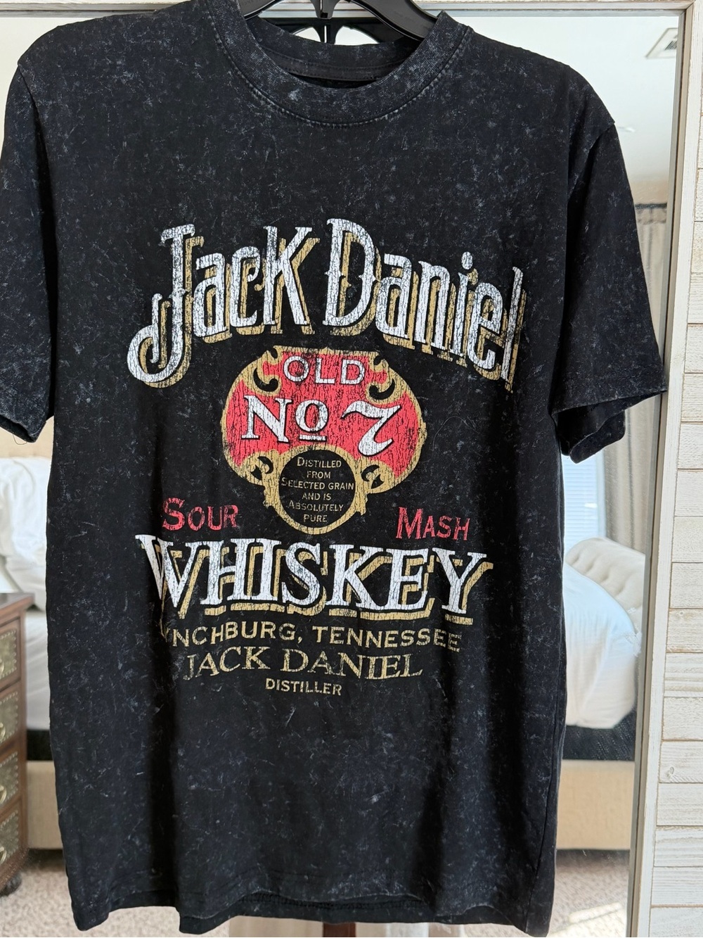 Jack Daniel's Black Short Sleeve Whiskey Graphic Tee with Red and White Accents